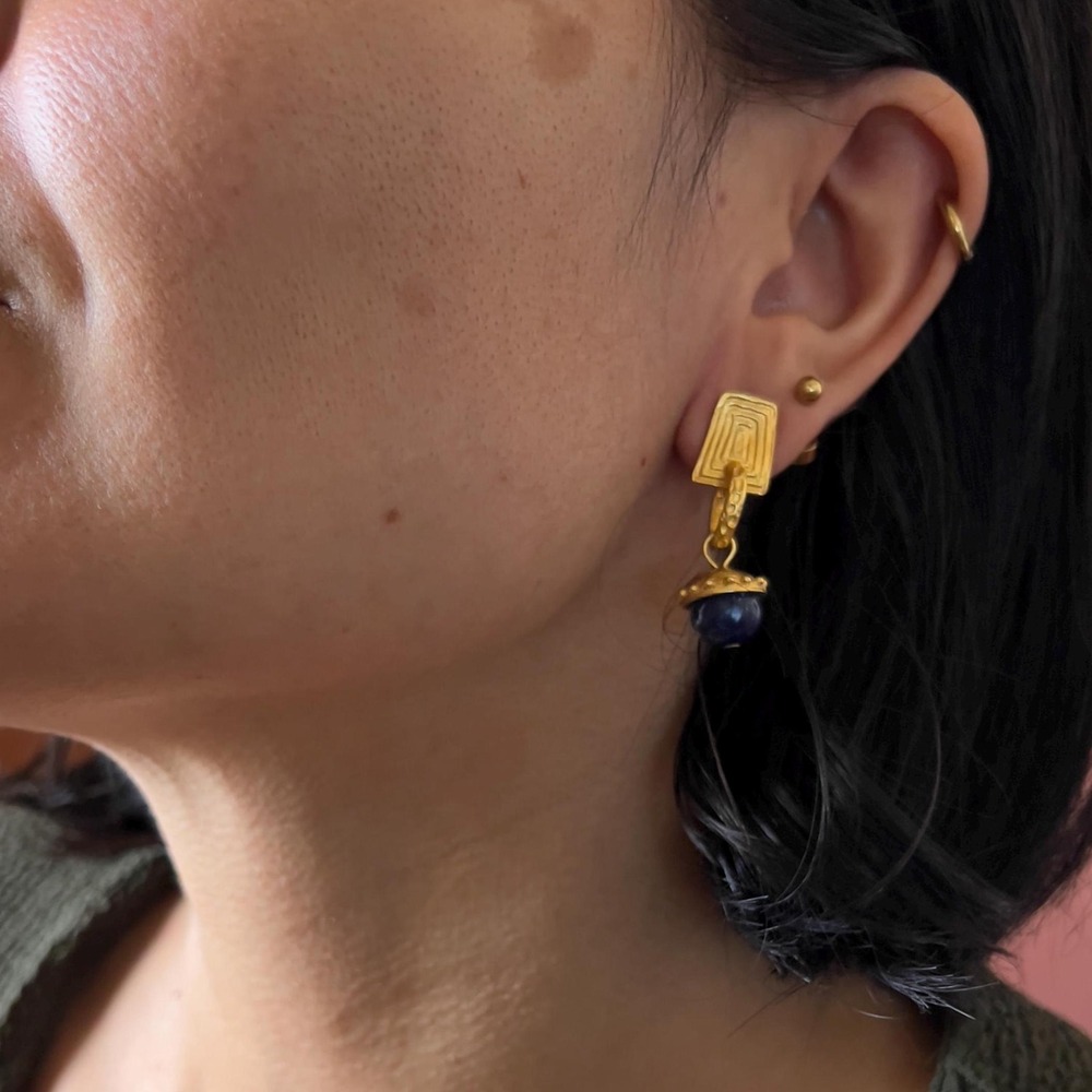 Vintage 80s blue and gold  drop earrings glam retro‎ small gift for her